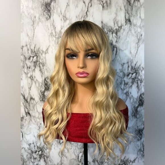 Balayage light Blonde Curly Wig With bangs - Picture 3 of 8